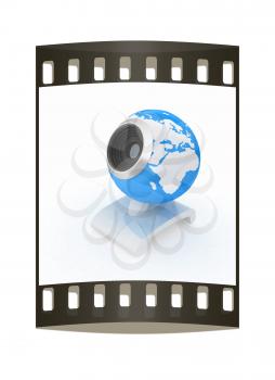 Web-cam for earth.Global on line concept on a white background. The film strip