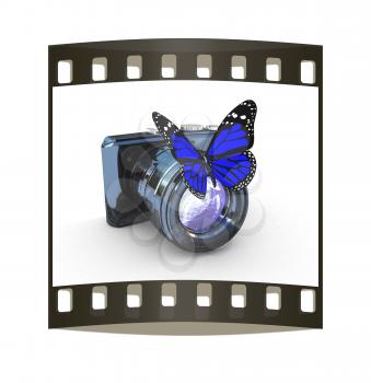 3d illustration of photographic camera and butterfly on white background. The film strip
