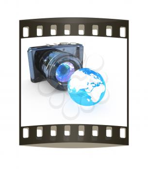 3d illustration of photographic camera and Earth on white background. The film strip