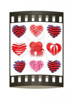 Set of 3d beautiful red heart on a white background. The film strip