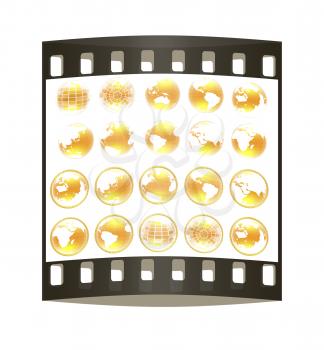 Set of yellow 3d globe icon with highlights on a white background. The film strip