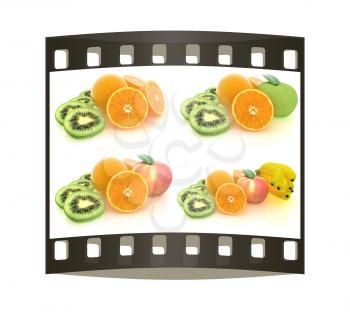Set of citrus on a white. The film strip