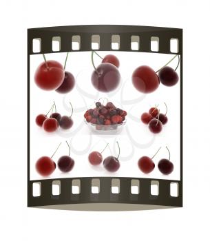 Set of fresh cherries on a white. The film strip