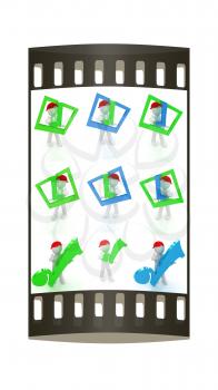 Set of 3d man in a red peaked cap with thumb up and a huge tick on a white background. The film strip