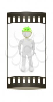 3d man in bicycle helmet on a white background. The film strip