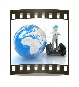 3d white person riding on a personal and ecological transport and earth.Global ecology and healthy life concept.3d image. The film strip 