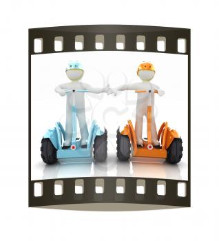 3d people in riding on a personal and ecological transport in helmet and holding hands. Concept of partnership. The film strip