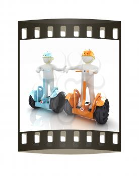 3d people in riding on a personal and ecological transport in helmet and holding hands. Concept of partnership. The film strip