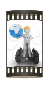 3d white person riding on a personal and ecological transport and earth.Global ecology and healthy life concept.3d image. The film strip