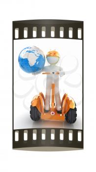 3d white person riding on a personal and ecological transport and earth.Global ecology and healthy life concept.3d image. The film strip