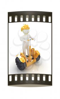 3d white person riding on a personal and ecological transport.3d image. The film strip