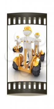 3d white persons riding on a personal and ecological transports.3d image. The film strip