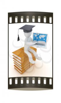 3d man in graduation hat sitting on books and working at his laptop on a white background. The film strip