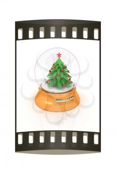 Christmas Snow globe with the falling snow and christmas tree on a white background. The film strip