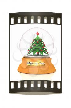 Christmas Snow globe with the falling snow and christmas tree on a white background. The film strip