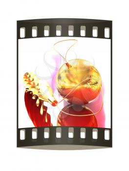 Traditional Christmas toys on a reflective background. The film strip