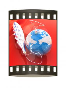 Traditional Christmas toys on a reflective background. Global holiday concept. The film strip