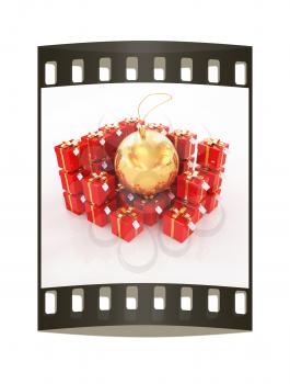 Bright christmas gifts and toy on a white background. The film strip