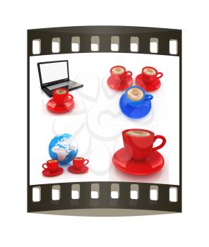 Coffee set on white background. The film strip