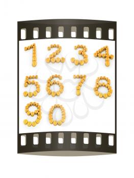 Set of the numbers 1,2,3,4,5,6,7,8,9,0 of gold coins with dollar sign on a white background. The film strip