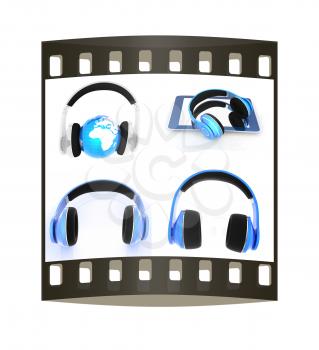 Phone and headphones set on a white background. The film strip