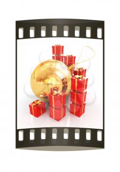 Bright christmas gifts and toys on a white background. The film strip