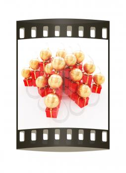 Bright christmas gifts and toys on a white background. The film strip