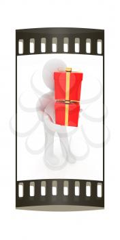 3d man gives red gifts with gold ribbon on a white background. The film strip