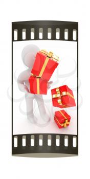 3d man strawed red gifts with gold ribbon on a white background. The film strip