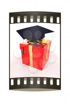 graduation hat on a red gift on a white background. The film strip