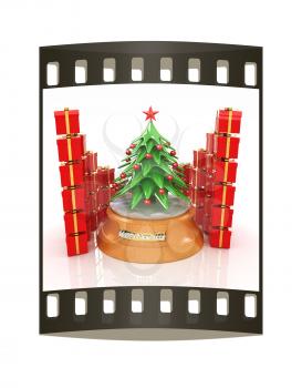 Christmas tree and gifts on a white background. The film strip