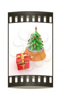 Christmas tree and gift on a white background. The film strip