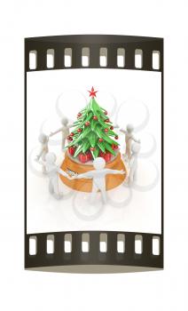 3D human around gift and Christmas tree on a white background. The film strip