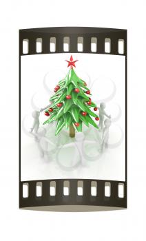 3D human around Christmas tree on a white background. The film strip