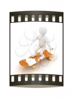 3d white person with a skate and a cap. 3d image on a white background. The film strip