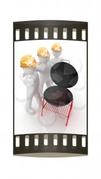 3d mans in a hard hat with thumb up and barbecue grill. On a white background. The film strip