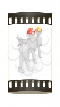 3d mans in a hard hat with thumb up. On a white background. The film strip