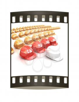 The concept of the production structure: white hard hat - Engineer, red hard hat - masters, yellow hard hat - working. On a white background. The film strip