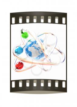 3d atom isolated on white background. Global concept. The film strip