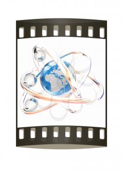 3d atom isolated on white background. Global concept. The film strip