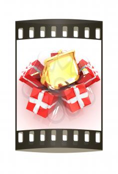 A luxury gold purse on gifts on a white background. The film strip