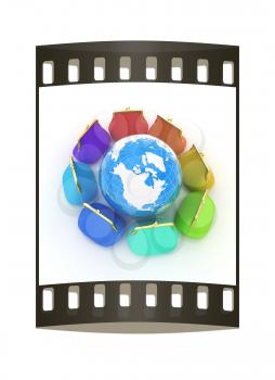 Earth and purses. On-line concept on a white background. The film strip