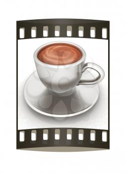 Coffee cup on saucer on a white background. The film strip
