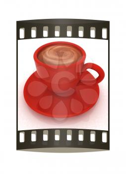 Coffee cup on saucer on a white background. The film strip