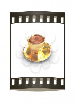 Gold coffee cup on saucer on a white background. The film strip
