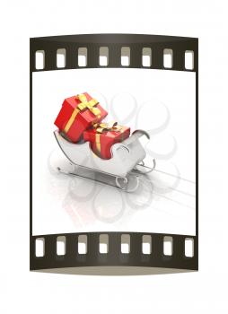 Christmas Santa sledge with gifts on a white background. The film strip