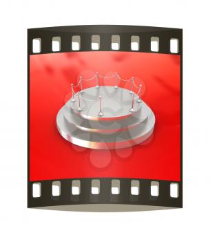 3D podium on red background. The film strip