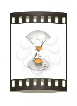 Transparent hourglass isolated on white background. Sand clock icon 3d illustration. The film strip