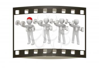 3d mans with metall dumbbells on a white background. The film strip