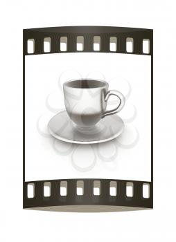 Cup on a saucer on white background. The film strip